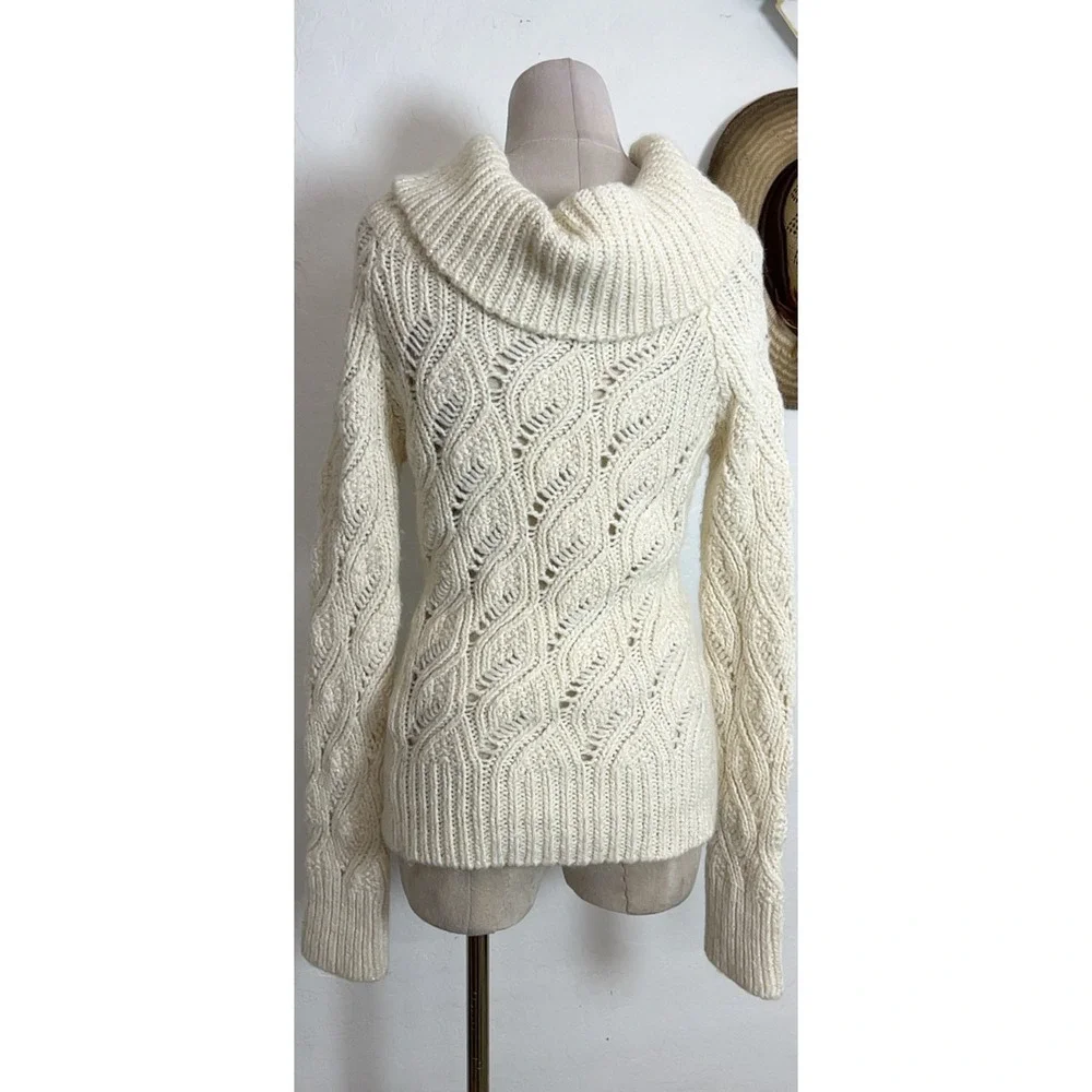 Y2K Bebe Alpaca Wool Metallic Shimmer Cowl Neck Sweater L Chunky Cable Knit US